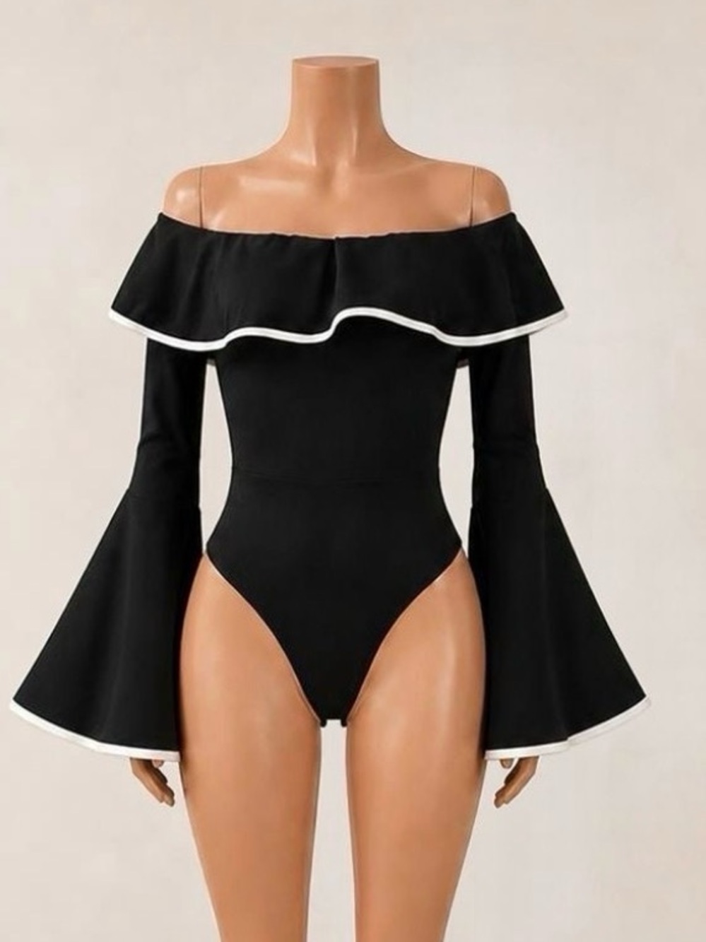 Boohoo Black White Ruffle Bardot Off Shoulder Bell Sleeve Bodysuit S NWT